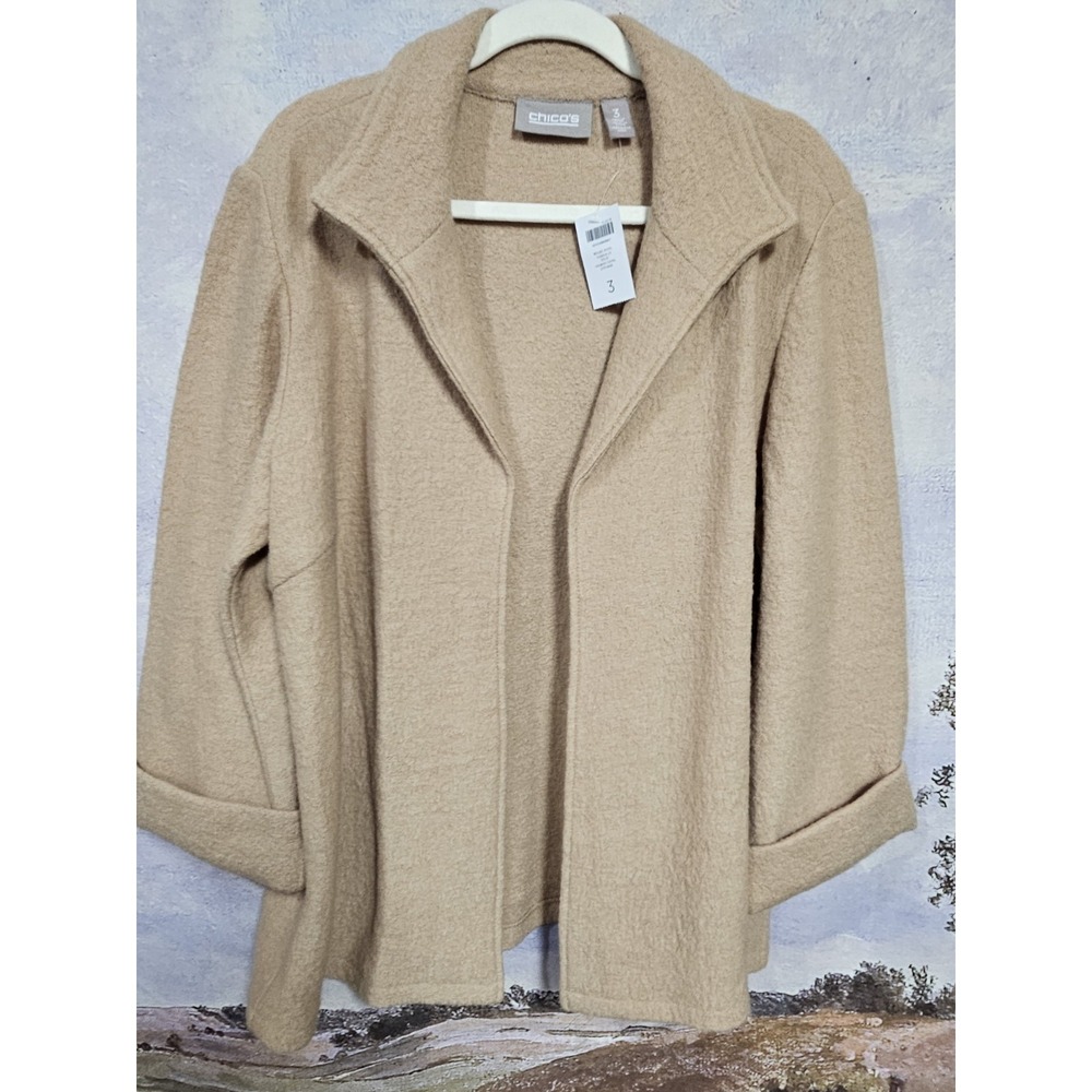 Chico's Beige Wool Blend Open Front Cardigan Jacket Cuffed Sleeve Women's Size 3